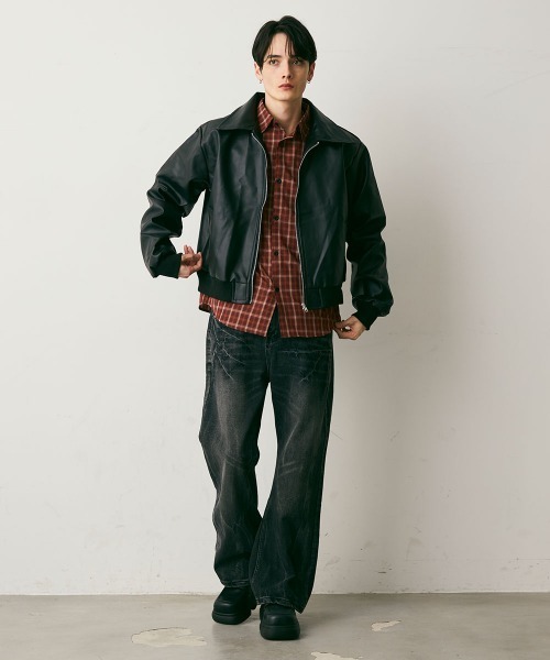 セール】Synthetic leather Cropped Jacket / 合成皮革クロップド丈