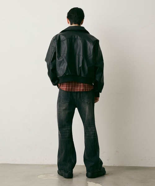セール】Synthetic leather Cropped Jacket / 合成皮革クロップド丈