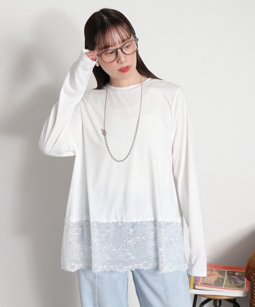 cepo(セポ)の「〈レイヤードコーデの必需品♪〉天竺レースロングスリーブTee(Tシャツ/カットソー・レディース・オフホワイト/ブラック・M)」の2枚目の写真
