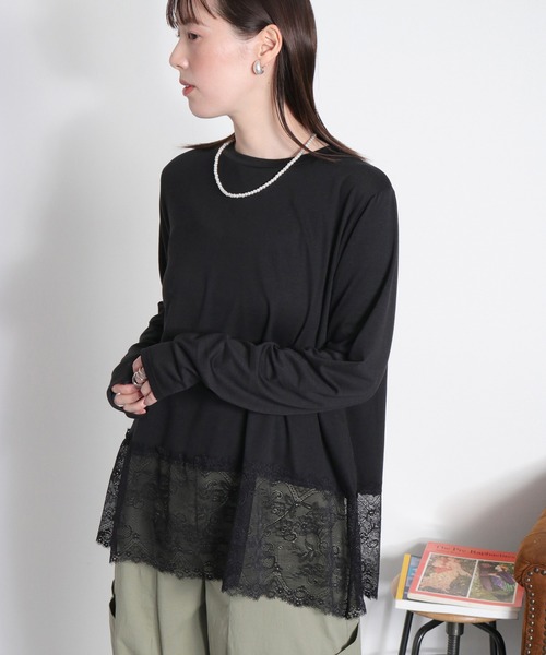 cepo(セポ)の「〈レイヤードコーデの必需品♪〉天竺レースロングスリーブTee(Tシャツ/カットソー・レディース・オフホワイト/ブラック・M)」の1枚目の写真