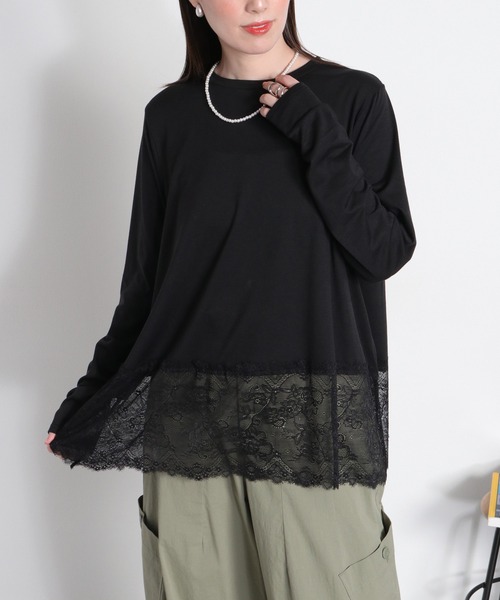 cepo(セポ)の「〈レイヤードコーデの必需品♪〉天竺レースロングスリーブTee(Tシャツ/カットソー・レディース・オフホワイト/ブラック・M)」の18枚目の写真