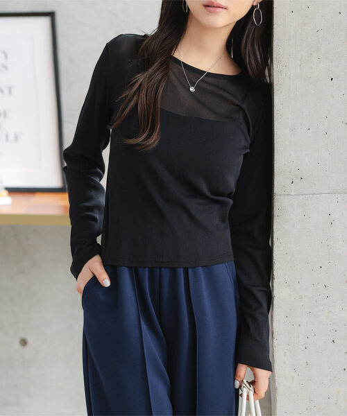 Petitle（プチレ）の「[ 低身長向けサイズ ] 選べる3サイズ シアー長袖Tシャツ（Tシャツ/カットソー・レディース・イエロー/ピンク/オフホワイト/ブラック/ブルー・PL/PM/PS）」の2枚目の写真