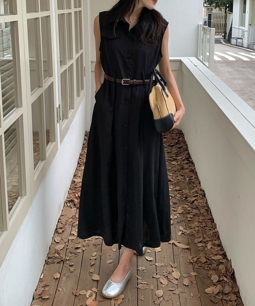 aimoha(アイモハ)の「ウエストベルト付き ノースリーブシャツワンピース (SS)(ワンピース・レディース・ブラック/ライトベージュ・FREE)」の3枚目の写真