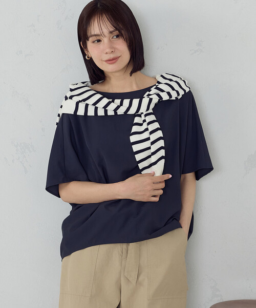 COMME CA ISM(コムサイズム)の「【UVカット・接触冷感・吸水速乾】クールコンフォート Tブラウス(シャツ/ブラウス・レディース・チャコール/ネイビー/イエロー/サックスブルー/オフホワイト/セージグリーン・FREE)」の4枚目の写真