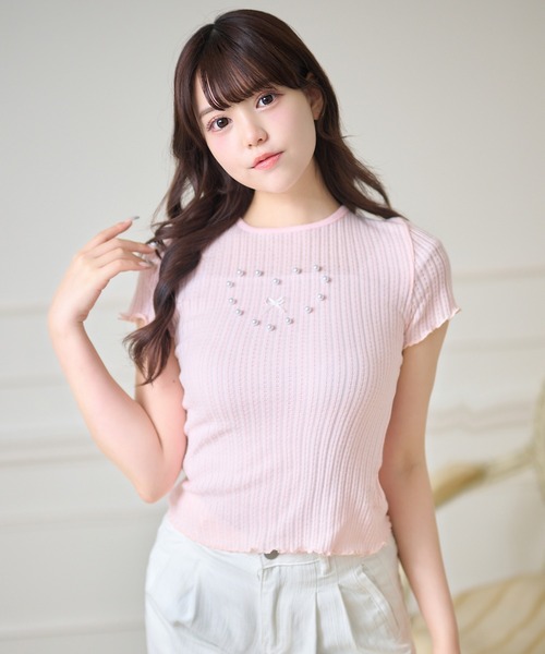 セール】パール付き メロウフリル リブ 半袖 トップス（Tシャツ