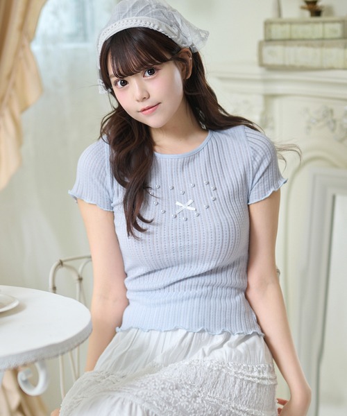 セール】パール付き メロウフリル リブ 半袖 トップス（Tシャツ