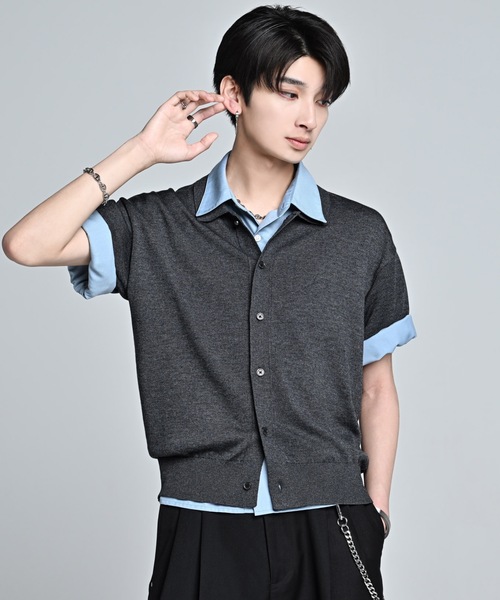 ADRER(アドラー)の「Short Sleeve Knit Shirt Cardigan / Machine Washable / ショートスリーブ ニットシャツカーディガン(マシンウォッシャブル)(カーディガン/ボレロ・メンズ・チャコールグレー/ワイン/ライトグレー・M/XS/L/S)」の1枚目の写真