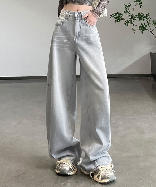 AMAJI(アマジ)の「ハイウエスト 切替デザイン ワイドレッグ デニムパンツ(デニムパンツ・レディース・ライトグレー/グレー・X-LARGE/LARGE/MEDIUM/SMALL)」の1枚目の写真