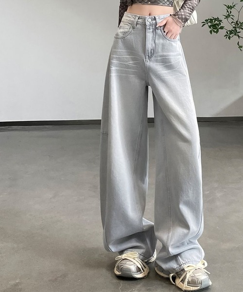 AMAJI(アマジ)の「ハイウエスト 切替デザイン ワイドレッグ デニムパンツ(デニムパンツ・レディース・ライトグレー/グレー・X-LARGE/LARGE/MEDIUM/SMALL)」の3枚目の写真