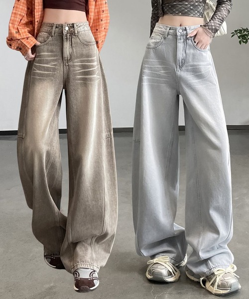 AMAJI(アマジ)の「ハイウエスト 切替デザイン ワイドレッグ デニムパンツ(デニムパンツ・レディース・ライトグレー/グレー・X-LARGE/LARGE/MEDIUM/SMALL)」の4枚目の写真