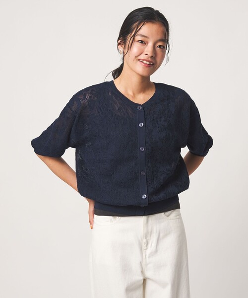 A DAY IN THE LIFE UNITED ARROWS(アデイインザライフユナイテッドアローズ)の「メッシュジャガード 5分袖ニット 2WAY ‐ウォッシャブル‐<A DAY IN THE LIFE>(ニット/セーター・レディース・オフホワイト/ネイビー/イエロー・FREE)」の3枚目の写真