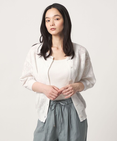 A DAY IN THE LIFE UNITED ARROWS(アデイインザライフユナイテッドアローズ)の「メッシュジャガード 5分袖ニット 2WAY ‐ウォッシャブル‐<A DAY IN THE LIFE>(ニット/セーター・レディース・オフホワイト/ネイビー/イエロー・FREE)」の2枚目の写真