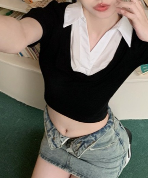 lilful(リルフル)の「【26年春夏新作】襟付き シャツドッキング クロップド 半袖ニットトップス(シャツ/ブラウス・レディース・ブラック/グレー・F)」の19枚目の写真