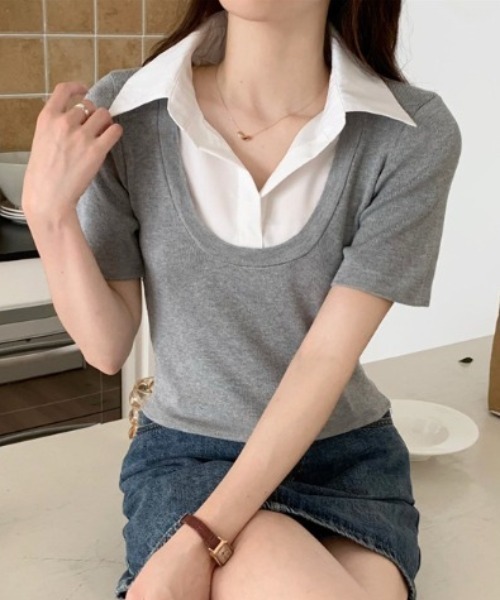 lilful(リルフル)の「【26年春夏新作】襟付き シャツドッキング クロップド 半袖ニットトップス(シャツ/ブラウス・レディース・ブラック/グレー・F)」の9枚目の写真