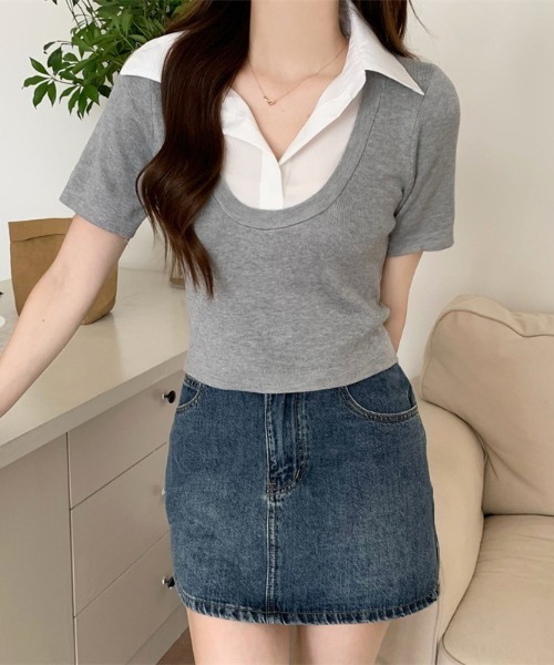 lilful(リルフル)の「【26年春夏新作】襟付き シャツドッキング クロップド 半袖ニットトップス(シャツ/ブラウス・レディース・ブラック/グレー・F)」の15枚目の写真