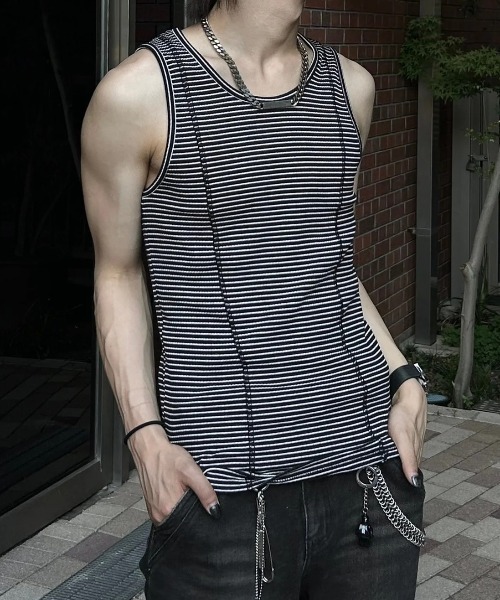 Chikashitsu +(チカシツプラス)の「【Chikashitsu +】border stitch rib sleeveless (3color) / 【チカシツプラス】ボーダーステッチリブタンクトップ(タンクトップ・メンズ・アイボリー/ブラック/グレー・ONE SIZE)」の1枚目の写真