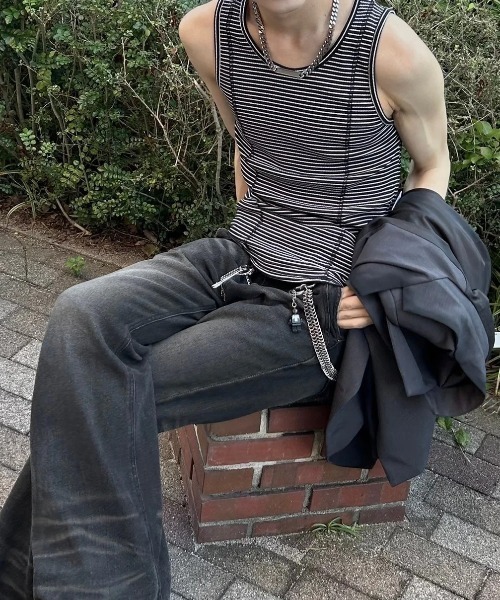 Chikashitsu +(チカシツプラス)の「【Chikashitsu +】border stitch rib sleeveless (3color) / 【チカシツプラス】ボーダーステッチリブタンクトップ(タンクトップ・メンズ・アイボリー/ブラック/グレー・ONE SIZE)」の22枚目の写真