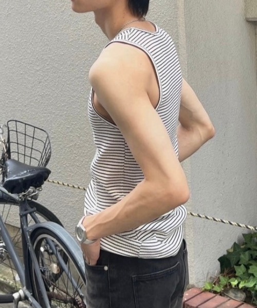Chikashitsu +(チカシツプラス)の「【Chikashitsu +】border stitch rib sleeveless (3color) / 【チカシツプラス】ボーダーステッチリブタンクトップ(タンクトップ・メンズ・アイボリー/ブラック/グレー・ONE SIZE)」の19枚目の写真