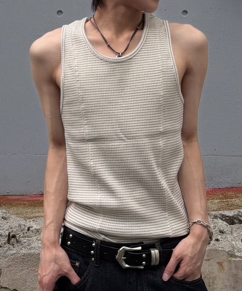Chikashitsu +(チカシツプラス)の「【Chikashitsu +】border stitch rib sleeveless (3color) / 【チカシツプラス】ボーダーステッチリブタンクトップ(タンクトップ・メンズ・アイボリー/ブラック/グレー・ONE SIZE)」の4枚目の写真