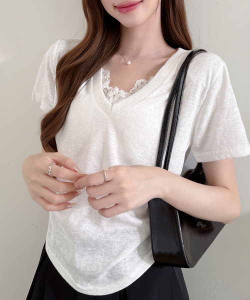 Ada.(エイダ)の「Vネック レース レイヤード風 シャーリング カットソー(Tシャツ/カットソー・レディース・イエロー/グレー/ライトブルー/ホワイト・FREE)」の20枚目の写真