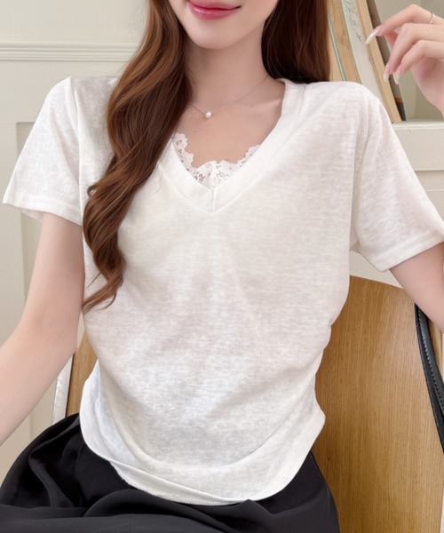 Ada.(エイダ)の「Vネック レース レイヤード風 シャーリング カットソー(Tシャツ/カットソー・レディース・イエロー/グレー/ライトブルー/ホワイト・FREE)」の15枚目の写真