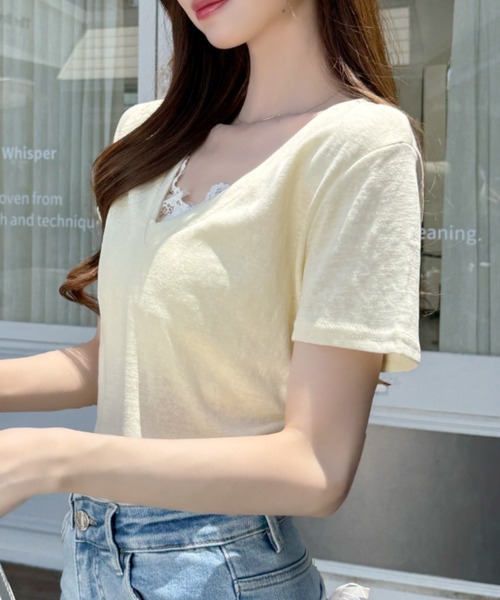 Ada.(エイダ)の「Vネック レース レイヤード風 シャーリング カットソー(Tシャツ/カットソー・レディース・イエロー/グレー/ライトブルー/ホワイト・FREE)」の9枚目の写真