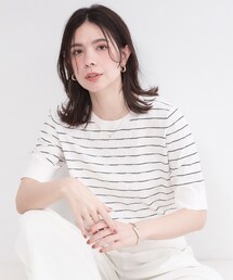 柄編みハーフスリーブニット【洗濯機OK/抗ピル】