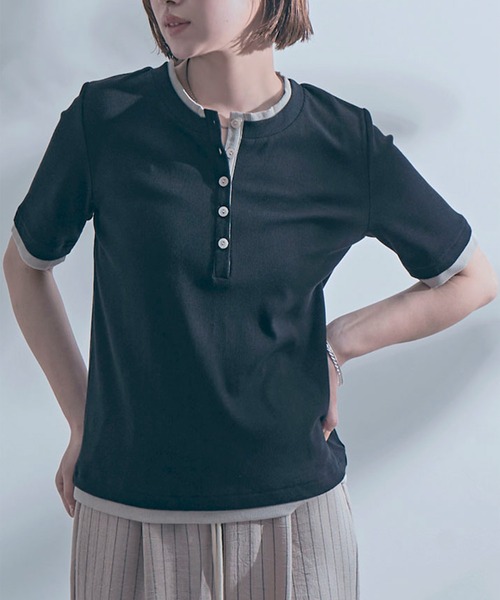 SETUP7(セットアップセブン)の「【SETUP7】レイヤード風ヘンリーネックTシャツ B63SE-1273 YMSD(Tシャツ/カットソー・レディース・モカ/ブラック/グレイッシュベージュ/アイボリー・L/M)」の2枚目の写真