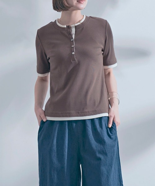 SETUP7(セットアップセブン)の「【SETUP7】レイヤード風ヘンリーネックTシャツ B63SE-1273 YMSD(Tシャツ/カットソー・レディース・モカ/ブラック/グレイッシュベージュ/アイボリー・L/M)」の3枚目の写真