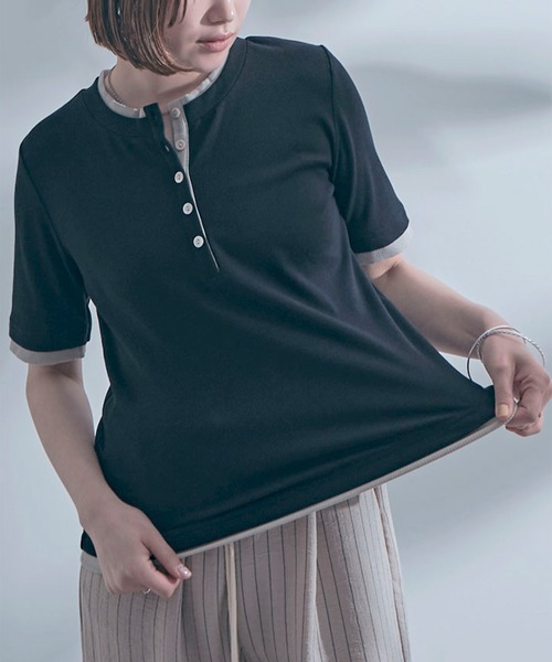 SETUP7(セットアップセブン)の「【SETUP7】レイヤード風ヘンリーネックTシャツ B63SE-1273 YMSD(Tシャツ/カットソー・レディース・モカ/ブラック/グレイッシュベージュ/アイボリー・L/M)」の9枚目の写真