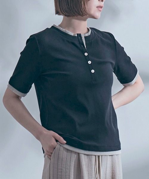 SETUP7(セットアップセブン)の「【SETUP7】レイヤード風ヘンリーネックTシャツ B63SE-1273 YMSD(Tシャツ/カットソー・レディース・モカ/ブラック/グレイッシュベージュ/アイボリー・L/M)」の12枚目の写真