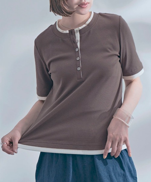 SETUP7(セットアップセブン)の「【SETUP7】レイヤード風ヘンリーネックTシャツ B63SE-1273 YMSD(Tシャツ/カットソー・レディース・モカ/ブラック/グレイッシュベージュ/アイボリー・L/M)」の16枚目の写真