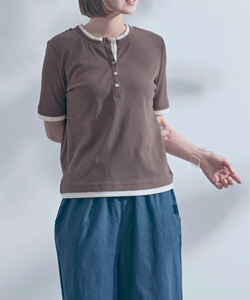 SETUP7(セットアップセブン)の「【SETUP7】レイヤード風ヘンリーネックTシャツ B63SE-1273 YMSD(Tシャツ/カットソー・レディース・モカ/ブラック/グレイッシュベージュ/アイボリー・L/M)」の14枚目の写真
