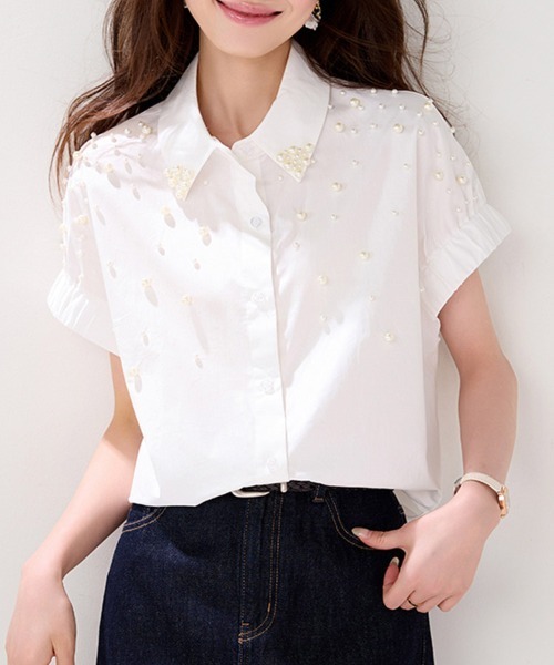 ONEP STAR(ワンピスター)の「パール刺繍半袖シャツ(シャツ/ブラウス・レディース・ホワイト・X-LARGE/LARGE/MEDIUM)」の2枚目の写真