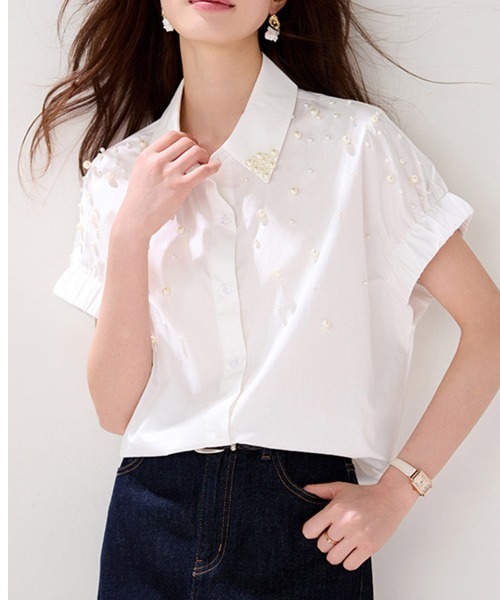 ONEP STAR(ワンピスター)の「パール刺繍半袖シャツ(シャツ/ブラウス・レディース・ホワイト・X-LARGE/LARGE/MEDIUM)」の3枚目の写真