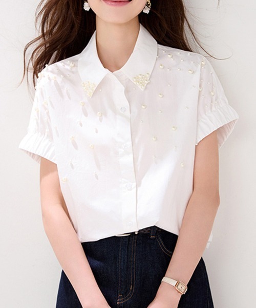 ONEP STAR(ワンピスター)の「パール刺繍半袖シャツ(シャツ/ブラウス・レディース・ホワイト・X-LARGE/LARGE/MEDIUM)」の4枚目の写真