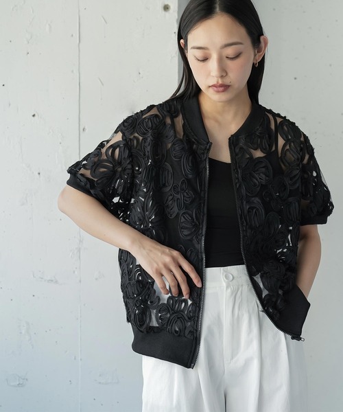 mili an deni(ミリアンデニ)の「半袖コードレースシアーブルゾン(ブルゾン・レディース・ブラック/アイボリー・M)」の11枚目の写真