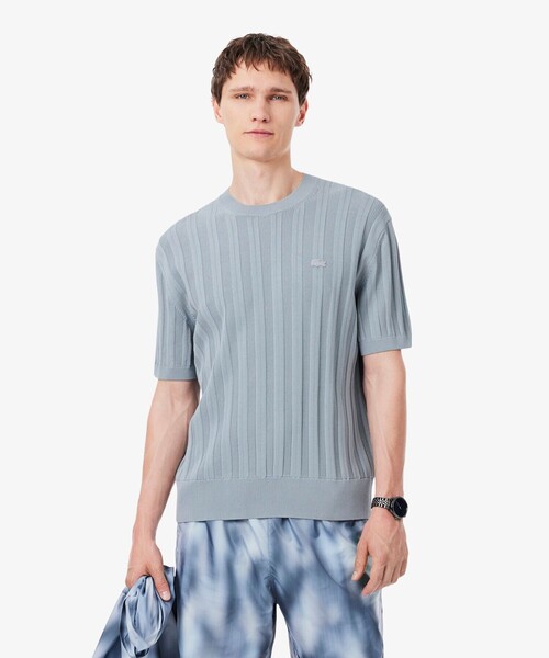 LACOSTE(ラコステ)の「レーヨンブレンド ストライプ リブニットショートスリーブセーター(ニット/セーター・メンズ・ダークネイビー/ライトグレー・3/4/2/5)」の2枚目の写真