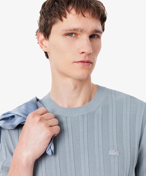LACOSTE(ラコステ)の「レーヨンブレンド ストライプ リブニットショートスリーブセーター(ニット/セーター・メンズ・ダークネイビー/ライトグレー・3/4/2/5)」の5枚目の写真