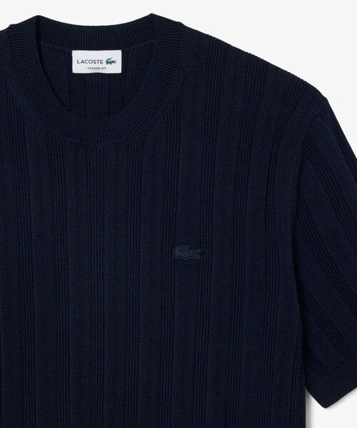 LACOSTE(ラコステ)の「レーヨンブレンド ストライプ リブニットショートスリーブセーター(ニット/セーター・メンズ・ダークネイビー/ライトグレー・3/4/2/5)」の11枚目の写真