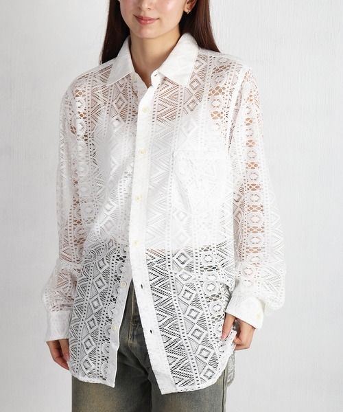 WESTSEA（ウエストシー）の「総レース シアー長袖シャツ / レギュラーカラー レースシャツ（シャツ/ブラウス・メンズ・ブラウン/ブラック/ホワイト・XL/M/L）」の4枚目の写真
