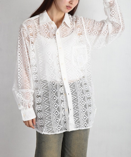 WESTSEA（ウエストシー）の「総レース シアー長袖シャツ / レギュラーカラー レースシャツ（シャツ/ブラウス・メンズ・ブラウン/ブラック/ホワイト・XL/M/L）」の6枚目の写真