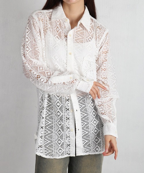 WESTSEA（ウエストシー）の「総レース シアー長袖シャツ / レギュラーカラー レースシャツ（シャツ/ブラウス・メンズ・ブラウン/ブラック/ホワイト・XL/M/L）」の7枚目の写真