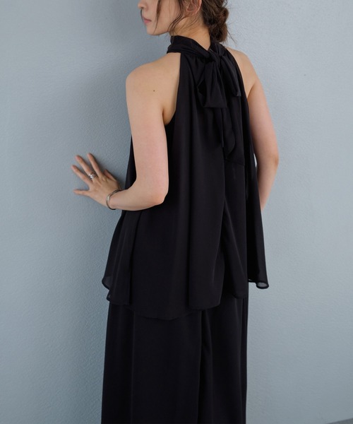 murea(ミュレア)の「シフォンフラワーレースボウタイノースリーブブラウス+シフォンフレアスカートset(セットアップ・レディース・ブラック/アイボリー・FREE)」の10枚目の写真