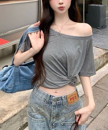 ワンショルダーギャザー クロスショートtシャツ