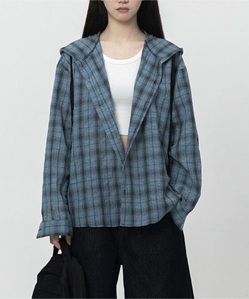 AsheKsha(アシクシャ)の「パーカー付きチェックゆったり長袖シャツアウター(シャツ/ブラウス・レディース・グレー/ブルー/ブラウン・M)」の3枚目の写真