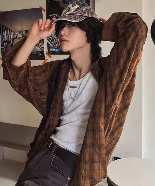 AsheKsha(アシクシャ)の「パーカー付きチェックゆったり長袖シャツアウター(シャツ/ブラウス・レディース・グレー/ブルー/ブラウン・M)」の6枚目の写真