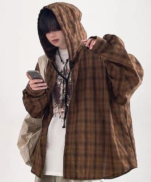 AsheKsha(アシクシャ)の「パーカー付きチェックゆったり長袖シャツアウター(シャツ/ブラウス・レディース・グレー/ブルー/ブラウン・M)」の8枚目の写真