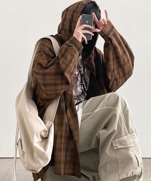 AsheKsha(アシクシャ)の「パーカー付きチェックゆったり長袖シャツアウター(シャツ/ブラウス・レディース・グレー/ブルー/ブラウン・M)」の11枚目の写真