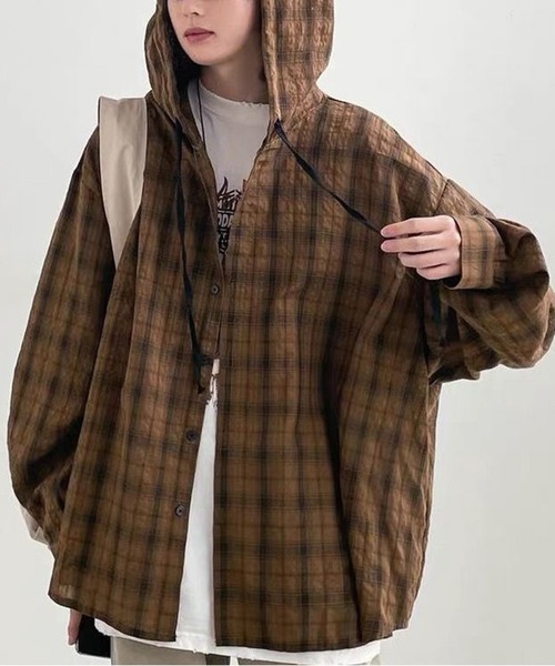 AsheKsha(アシクシャ)の「パーカー付きチェックゆったり長袖シャツアウター(シャツ/ブラウス・レディース・グレー/ブルー/ブラウン・M)」の12枚目の写真